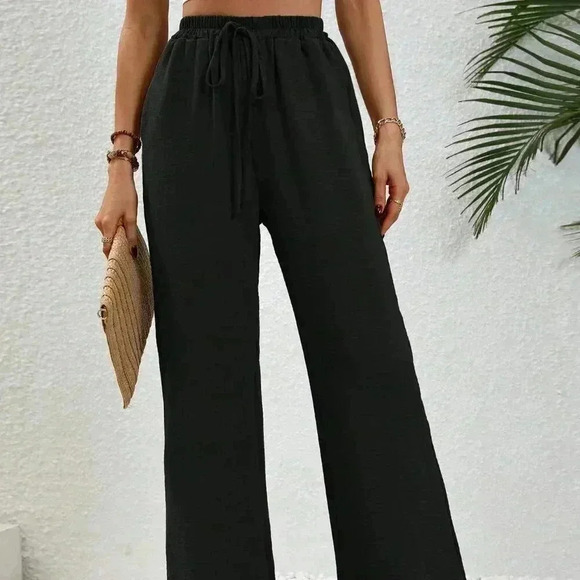 Black Casual Women's Drawstring Waist Wide Leg Pants - Picture 4 of 6